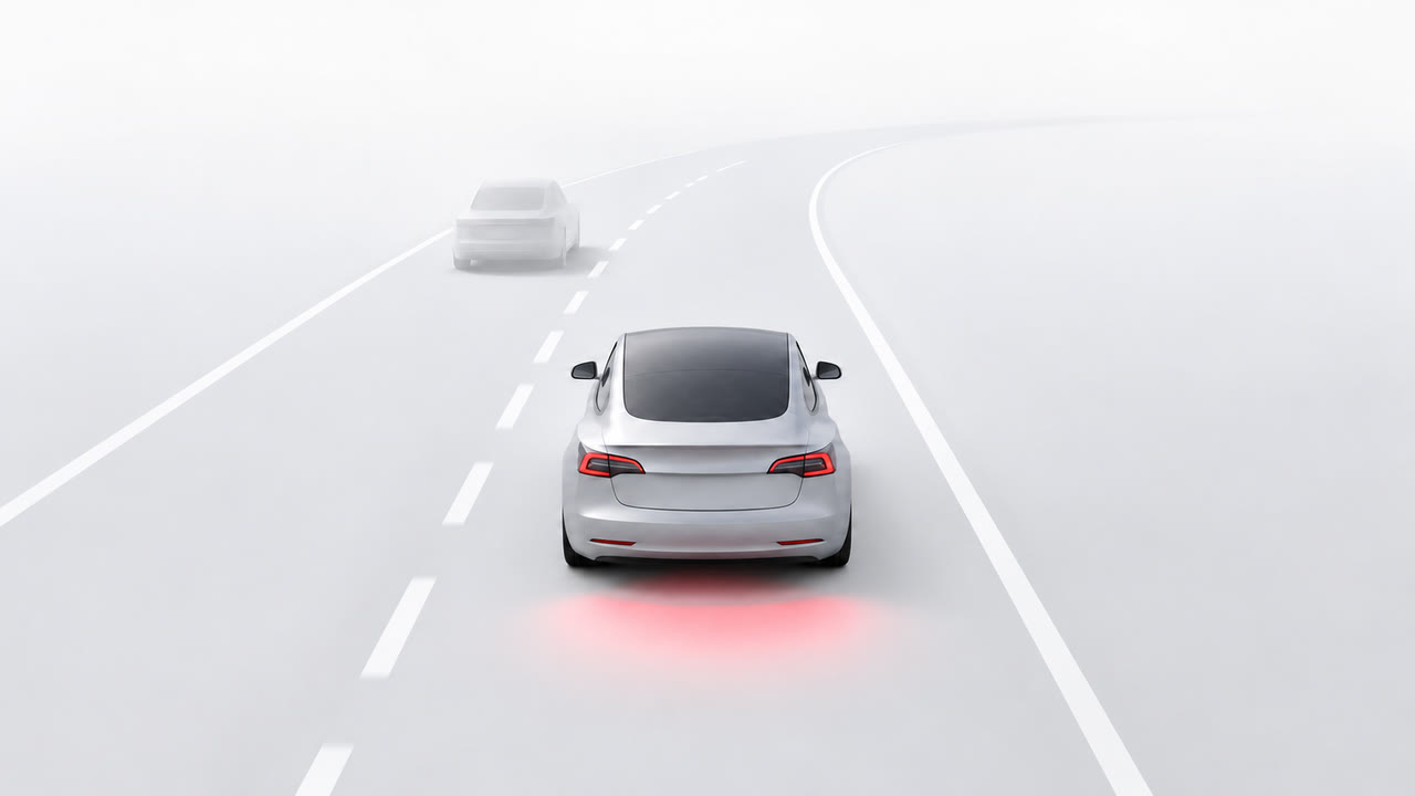 Before: a silent silver electric sedan on a misty road